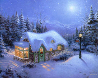 Snowy cottage moonlit streetlight aurora - kinkade free wallpaper