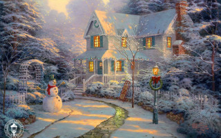 House snowman pathway winter painting - a pathway free wallpaper