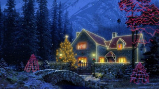 Christmas scene house bridge lights - a christmas scene free wallpaper