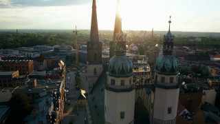 City tall buildings sun background - aerial free wallpaper