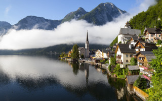 Lake mountains houses church foggy - foggy free wallpaper