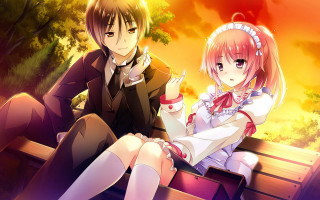 Anime couple bench park sunset - a park setting free wallpaper