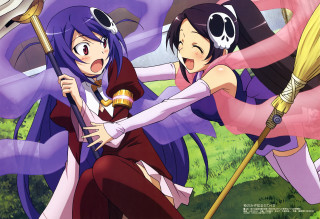 Anime girls purple hair broom 2 - a pink umbrella free wallpaper