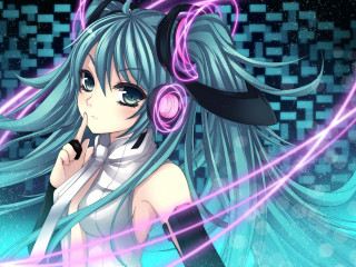 Girl long hair headphones blue - square free wallpaper for desktop