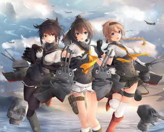 Three anime girls swords armor - overhead in the sky free wallpaper