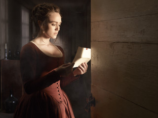 Woman red dress reading light - christabel dennison free wallpaper