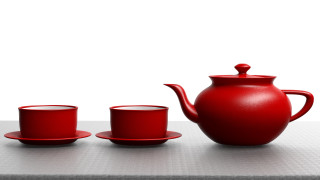 Red tea set cups saucers - an zhengwen free wallpaper for desktop