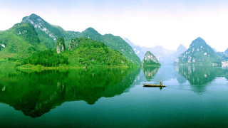 Person boat lake mountains trees - cao buxing free wallpaper for desktop