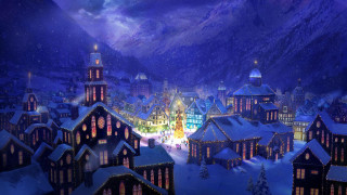 Town night christmas tree mountain - kinkade free wallpaper