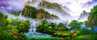 Mountain waterfall bridge painting nature - metaphysical free wallpaper