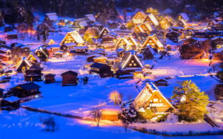 Village lit night snow houses - house free wallpaper