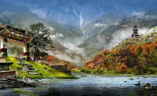 Mountain river pagoda foreground background - a painting of a mountain scene free wallpaper