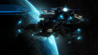 Spaceship floating over planet with - a space ship free wallpaper