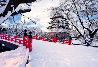 Red bridge snowy river park - japan daualset free wallpaper