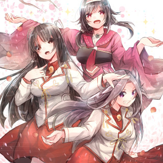 Three anime girls red skirts - together free wallpaper for tablet