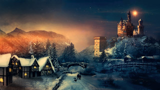 Snowy landscape castle bridge person - a snowy landscape free wallpaper