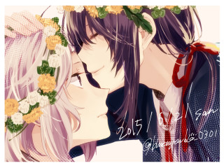 Couple kissing flowers red ribbon - a couple kissing free wallpaper