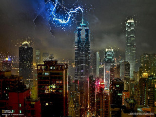 City skyline lightning bolt sky - volumetric lightning free wallpaper