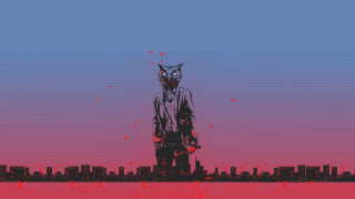 Man cat mask city skyline - synthwave free wallpaper