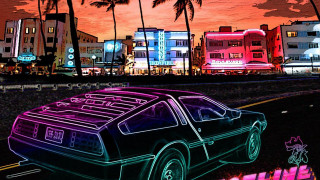 Car parked city night palm - retrofuturism free wallpaper
