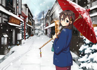 Woman umbrella snow city street - an umbrella free wallpaper