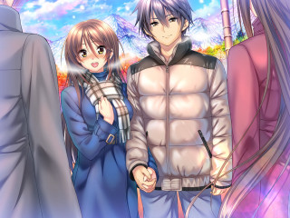 Couple people tree mountains clouds - blue sky free wallpaper for desktop