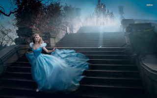 Woman blue dress sitting stairs - a castle free wallpaper