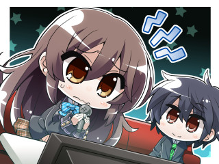 Anime characters sitting computer screen - a caption free wallpaper for desktop