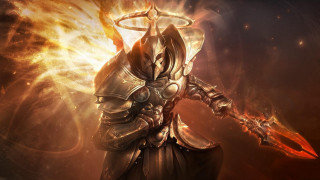 Man in armor flaming sword - flame behind free wallpaper