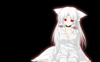 White haired wolf girl sitting - red eye free wallpaper for desktop