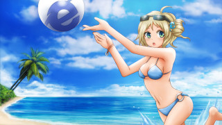 Cartoon girl bikini playing ball - a palm tree in the background free wallpaper