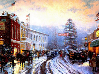 Snowy street scene people cars - thomas kindkade free wallpaper