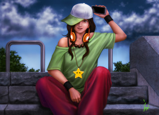 Woman sitting ledged headphones hat - headphone free wallpaper for desktop