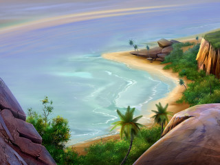 Beach rainbow palm trees ocean - a painting of a beach free wallpaper