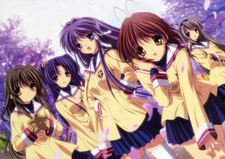 Girls school uniforms line trees - school uniform free wallpaper