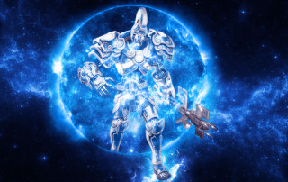 Space robot shuttle blue background - a space free wallpaper