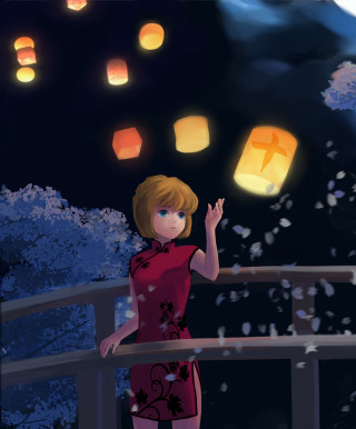 Woman red dress bridge lanterns - a bridge free wallpaper for mobile