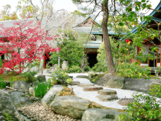 Garden rocks trees building red - free spring wallpaper