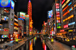 City street river night neon - vivid color free wallpaper
