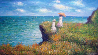 People cliff ocean parasol painting - claude monet free wallpaper