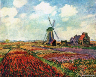 Windmill field flowers house blue - impressionist painting free wallpaper