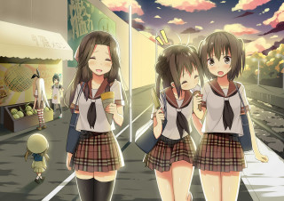 Girls walking street backpacks cellphone - two girl free wallpaper