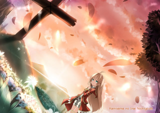 Girl cross field flowers leaves - an anime drawing free wallpaper