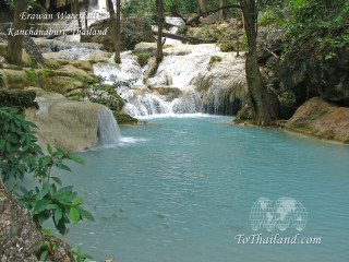 Small waterfall blue pool forest - side and trees free wallpaper