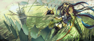 Girl long hair bow arrow - a tower in the background free wallpaper