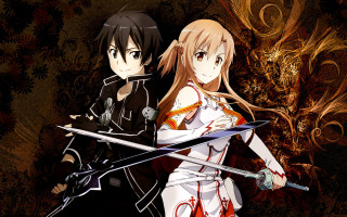Anime characters swords posing flowers - two anime characters holding sword free wallpaper