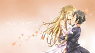 Anime couple hugging pink background 3 - a pink background behind them free wallpaper