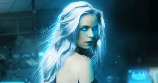 White hair blue eyes neon - a neon light behind her free wallpaper