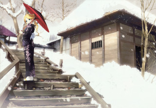 Woman umbrella snowy hill building - a small building free wallpaper