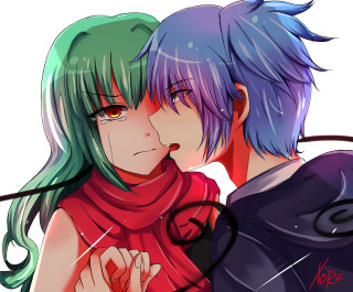 Anime couple blue green hair - red scarf free wallpaper